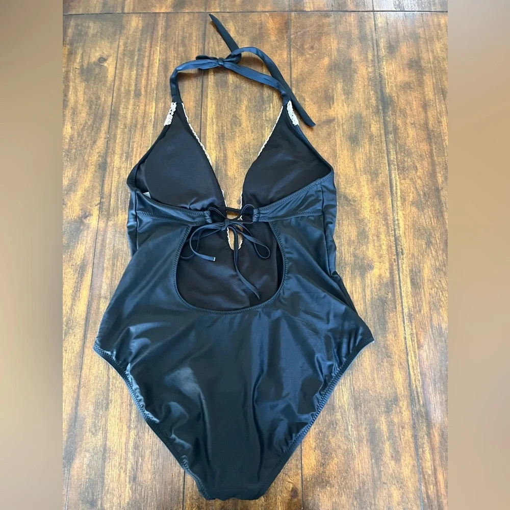 Kona Sol Black Halter Swimsuit with‎ Lace Detail